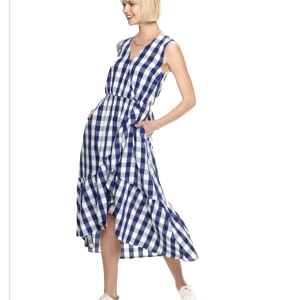 Pop Sugar Navy Gingham Asymmetrical Sleeveless Sundress